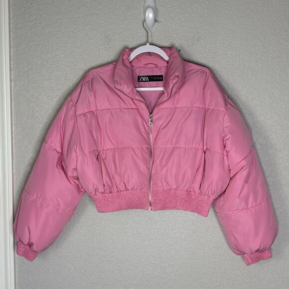 ZARA Size L Pink Cropped Puffer Coat Jacket - Picture 2 of 4